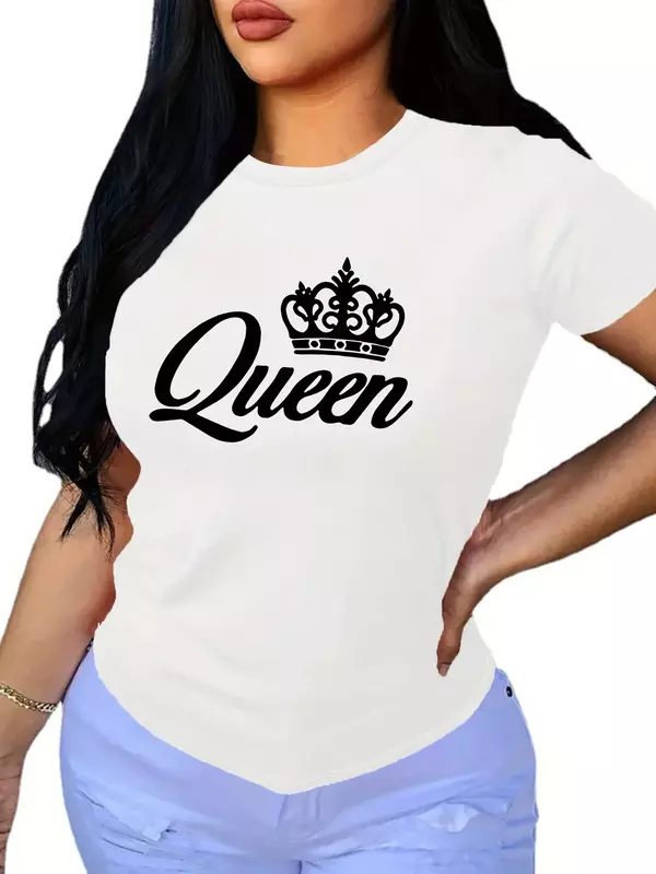 เสื้อยืดคอกลมแขนสั้นพิมพ์ลาย Queen Fashion สำหรับผู้หญิงเสื้อลำลองสำหรับฤดูใบไม้ผลิและฤดูร้อน