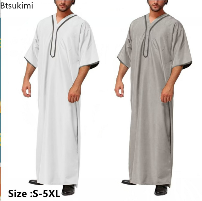Muslim Fashion Men Jubba Thobe Solid Button Kimono Middle Robe Saudi Musulman Shirt Stand Collar Islamic Arabic Kaftan Men Abaya