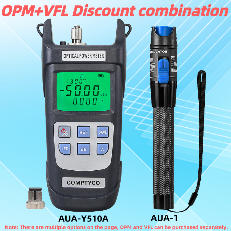 Kit de ferramentas do verificador da fibra de ftth (opcional) AUA-Y510A medidor de potência ótica (opm-50 ~ + 26dbm) & localizador visual da falha (1/10/20/30/50mw vfl)