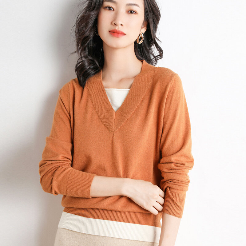 2022 봄 가을 새로운 v-목 스웨터 여성의 가짜 두 조각 색상 일치하는 바닥 풀오버 스웨터 느슨한 얇은 한국어 버전