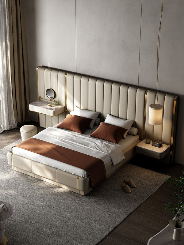 Cama de cuero minimalista de estilo italiano, muebles auténticos de alta gama, villa moderna de lujo, dormitorio principal, cama king de cuero completo