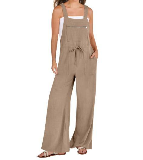 Cotton Linen Jumpsuit Women‘s Solid Sleeveless Button Pockets Wide Leg Suspender Pants Summer Oversized Loose Rompers