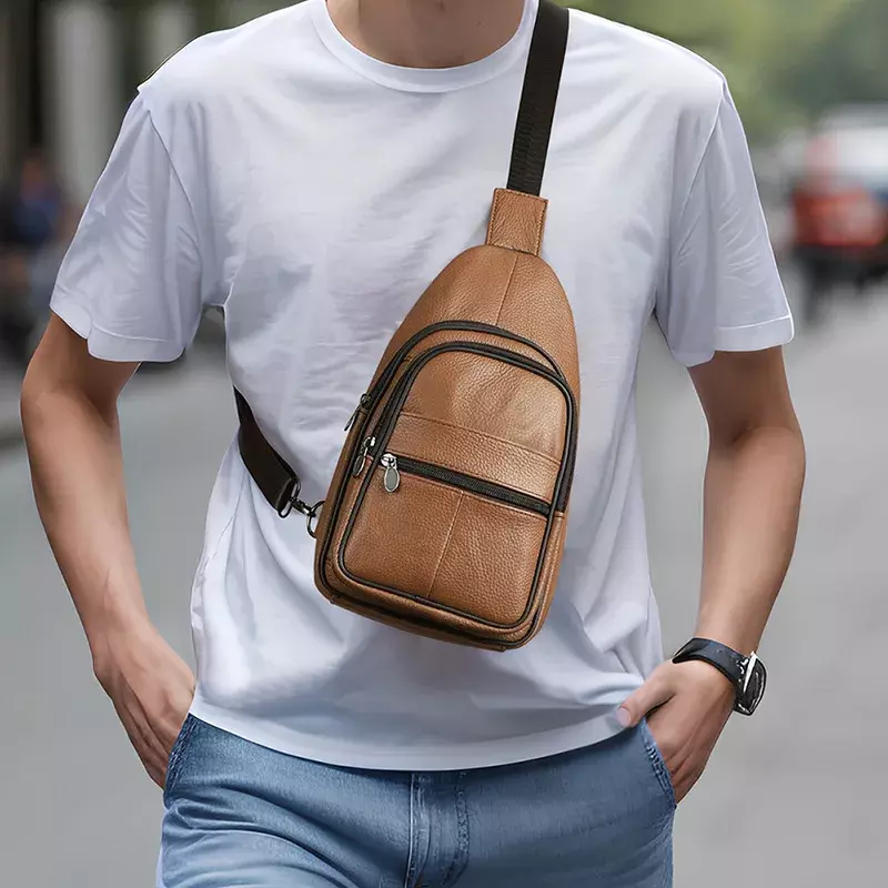 Tas dada kulit asli pria, kantung dada gaya baru dengan kapasitas besar untuk berkendara luar ruangan dan gaya Retro