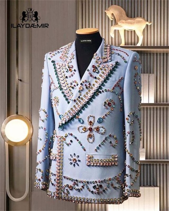 Pakaian celana pria kristal biru muda 1 buah Blazer mewah pengantin pria Tuxedo pernikahan mantel kancing dua baris gaun Prom jaket buatan kustom
