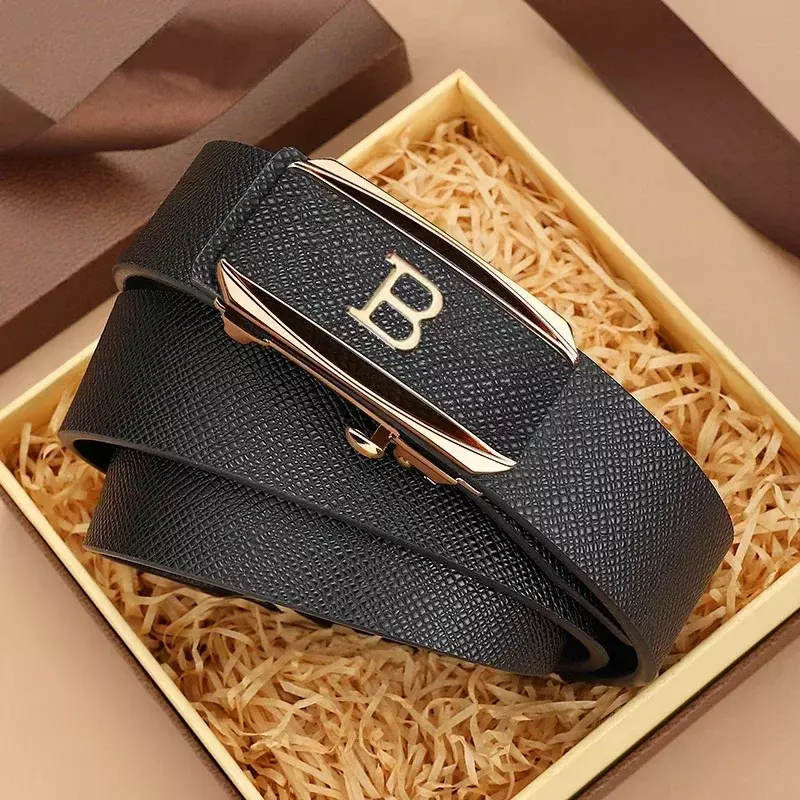 HGVB-Cinturón de cuero genuino para hombre, Correa con hebilla automática, letra B, café de alta calidad, informal, de diseñador, a la moda