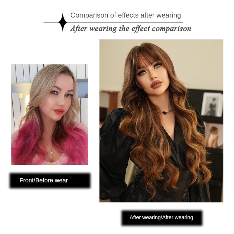 New style Synthetic Hair For Women Wig Cheap High Quality Blonde Highlighted Long Curly Hair With Bangs Wavy Wigs Head Set Lady.