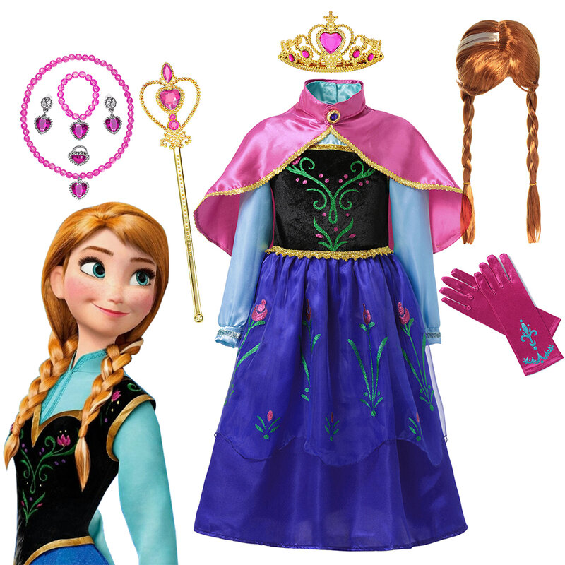 Disfraz de princesa Anna de Frozen de Disney para niños y niñas, vestido de Cosplay de fiesta de cumpleaños con capa, vestido de Halloween, 2024
