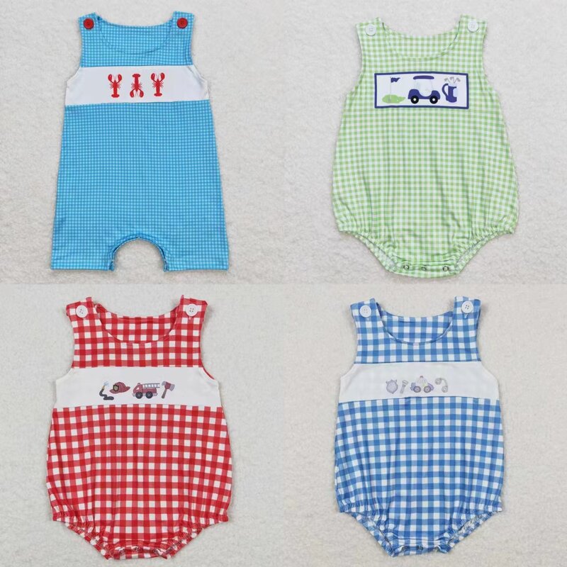 Wholesale Kids Newborn One-piece Coverall Bodysuit Baby Boy Toddler Plaid Printing Romper Jumpsuit Sleeveless Bubble Clothing