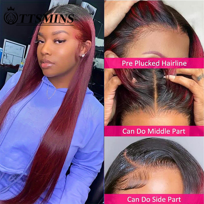 Ombre T1B/99J Burgundy 13x4 Transparent Lace Front Wigs Human Hair Pre Plucked With Baby Hair 180% Density Wine Red Wig Colored