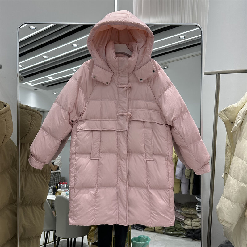 Zimowy zagęszczony damski płaszcz puchowy z kapturem nowy modny ciepły luźny płaszcz damski biały parka z kaczym puchem