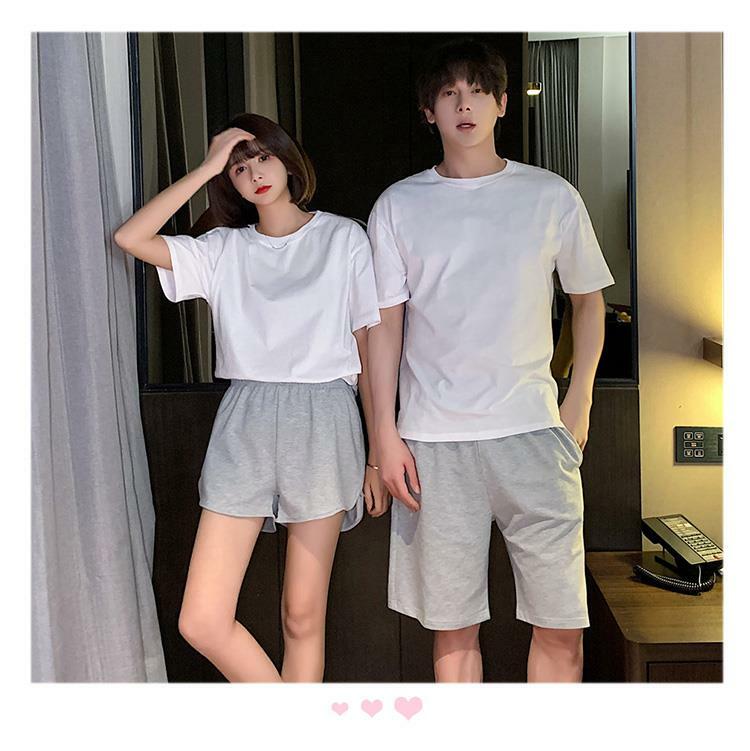 Solid White Couple Pajamas Women's Summer Simple Short Sleeve Cute Home Wear Set Suit Men's Pajamas Set Casual Loose Shorts Suit