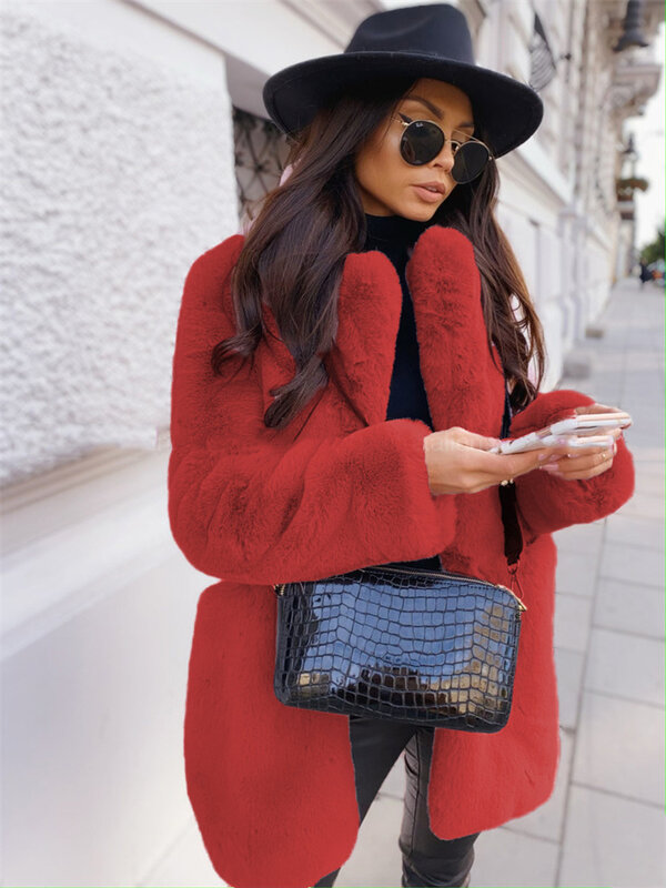 Женское пальто из искусственного меха, фиолетовое зимнее пальто с длинным рукавом и отложным воротником, новинка 2022, модные темпераментные офисные женские меховые куртки, красная одежда