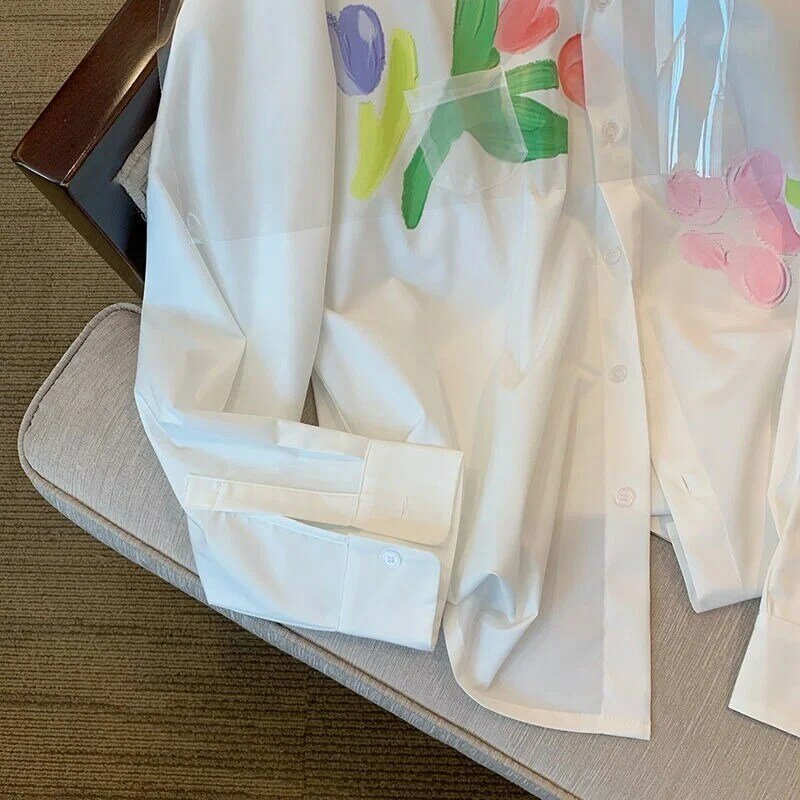 Рубашки XEJ в Корейском стиле с длинным рукавом, летние блузки для женщин, милые топы, рубашка с контрастным цветочным принтом и длинным рукав...