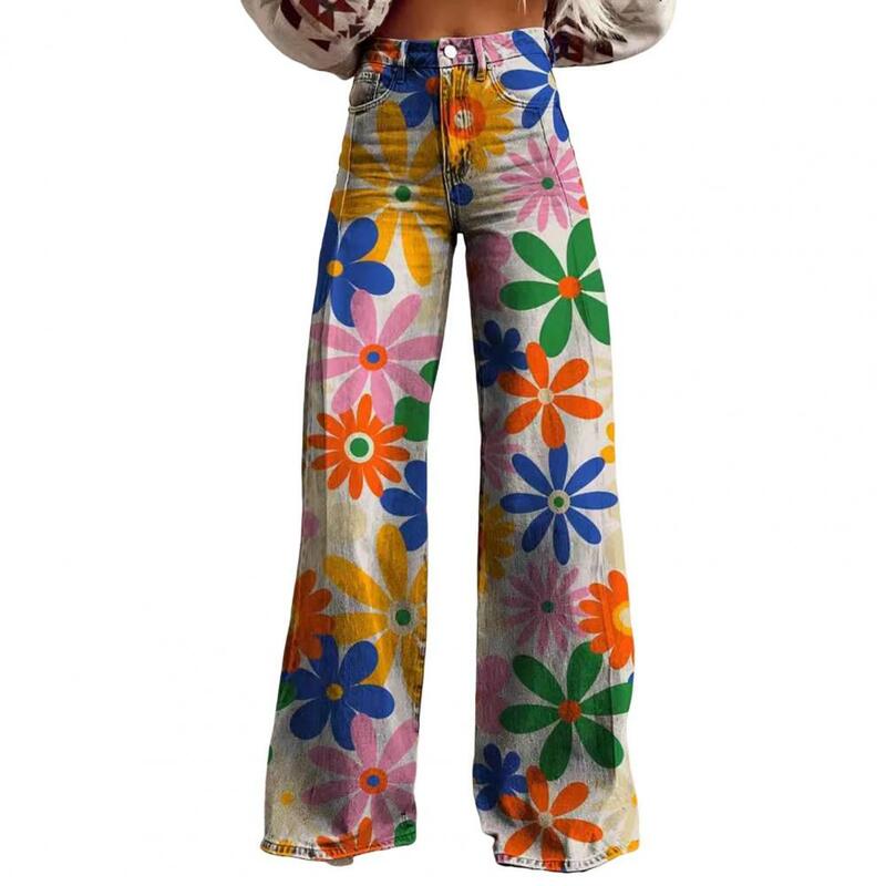 Celana panjang motif bunga Vintage wanita, celana panjang motif bunga pinggang tinggi kaki lebar untuk wanita, celana panjang lalat kancing Retro dengan saku