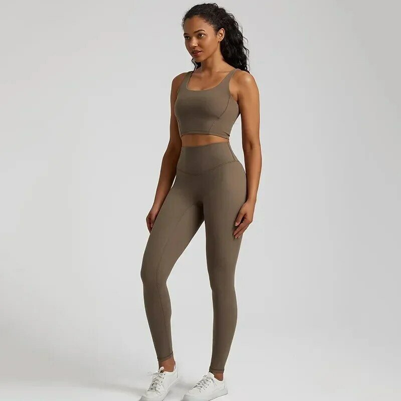 Lemon Gym Yoga Set Tight Leggings Sports Fitness Bra Top 2pc Suit Comprehensive Training Jogging Women Round Neck U Shape