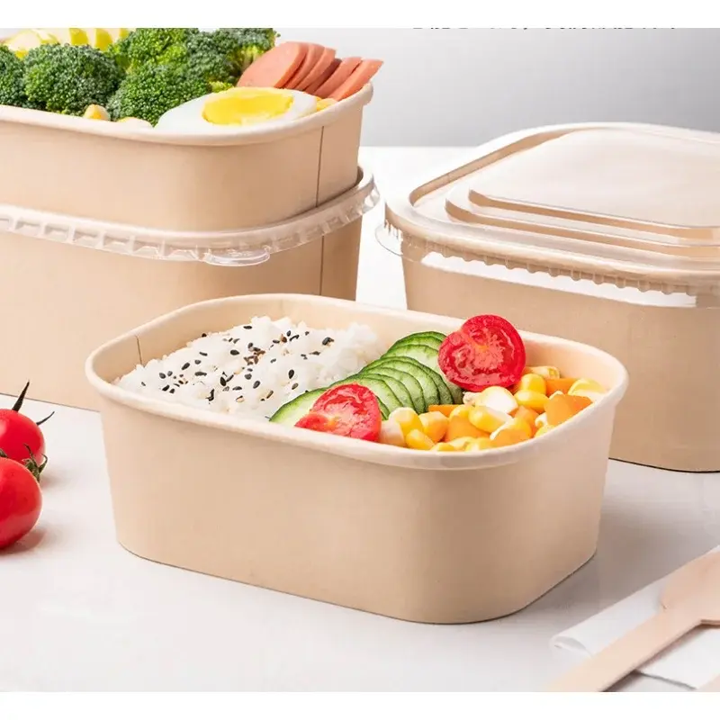 Customized productcustom printed heatable Disposable Paper Food Container Biodegradable Rectangle Takeaway sala meal Bowl for re