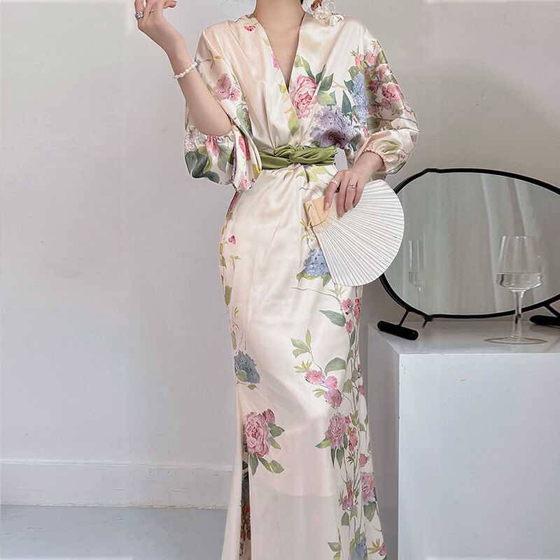 Abito Vintage stampato per donna 2023 estate raso lucido scollo a V Harajuku abiti da donna abiti manica a sbuffo abbigliamento floreale