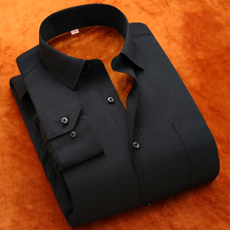 Мужская деловая рубашка на пуговицах, формальная деловая Непринужденная Классическая рубашка с длинными рукавами и плюшевой подкладкой, Осень-зима