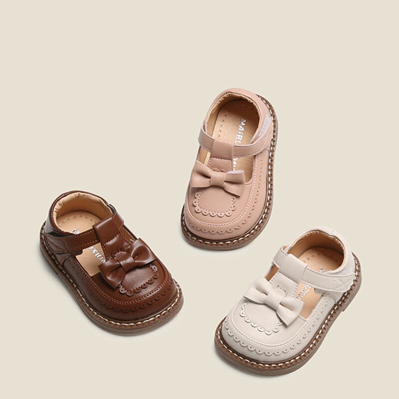 Sepatu Flat Musim Gugur Anak Perempuan Merek 11.5-15Cm, Sepatu Tali Balita Sol Lembut Solid dengan Simpul Kupu-kupu Lucu, Pejalan Kaki Pertama Pesta Bayi