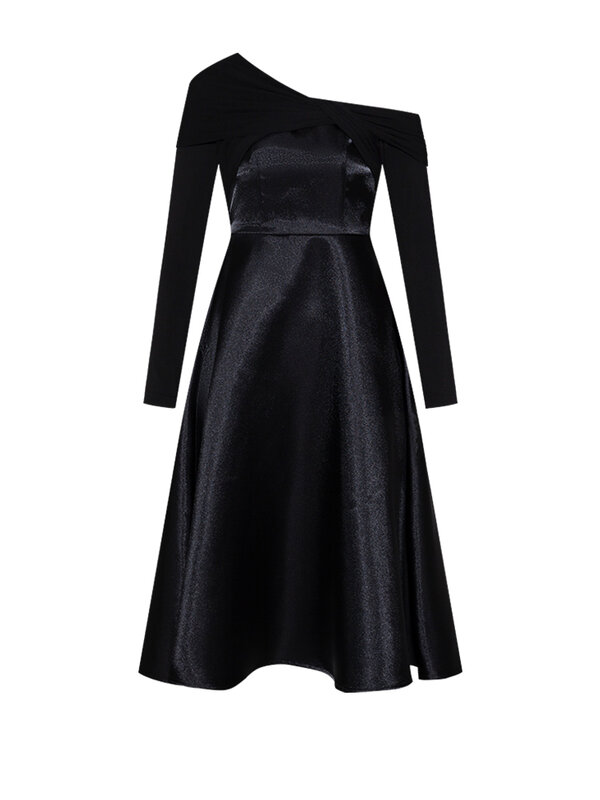 중간 길이 비스듬한 칼라 오프 숄더 긴팔, 생일 파티, 작은 검은 드레스, 숙녀 기질 디자인 감각 틈새