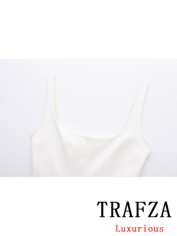 TRAFZA Sexy Chic Solid White Women Dress Square Collar Sashes Strap Short Vestidos New Fashion 2024 Summer Staight Mini Dress