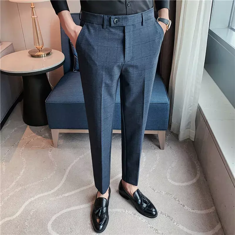 Celana Formal pria, celana panjang kotak-kotak kasual ramping untuk kantor bisnis sosial modis ramping 2024