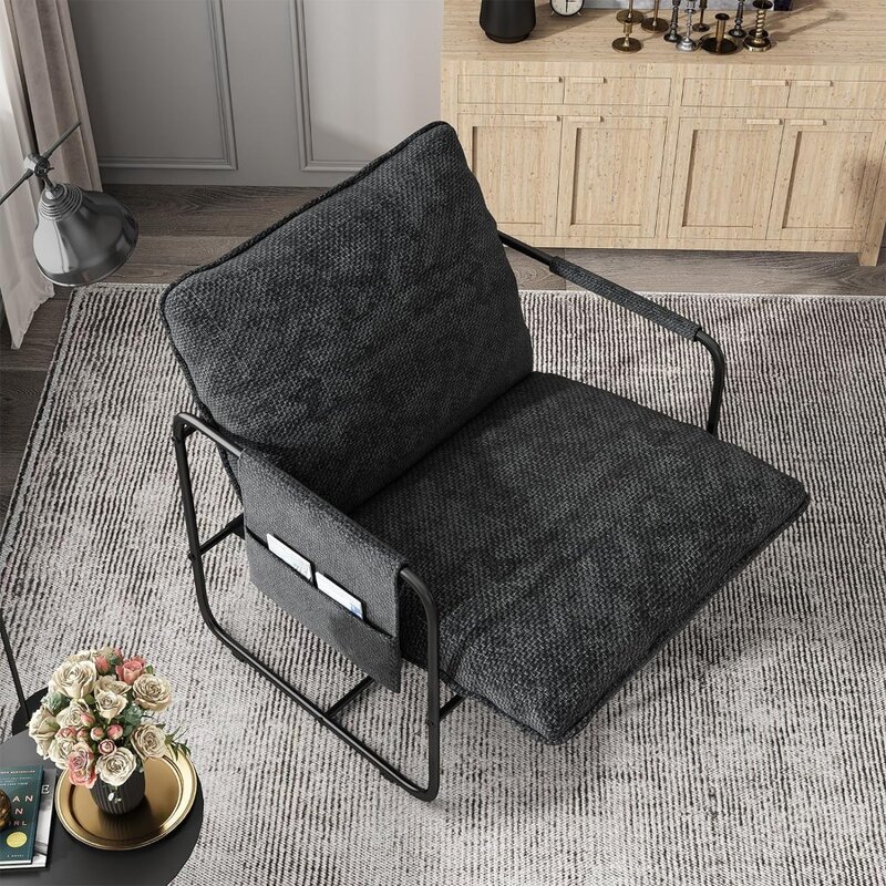 Chair Set of 2,Metal Framed Armchair with Removable Storage Bag, Upholstered Living Room Chairs,Black Lounge Chair，Easy Assembly