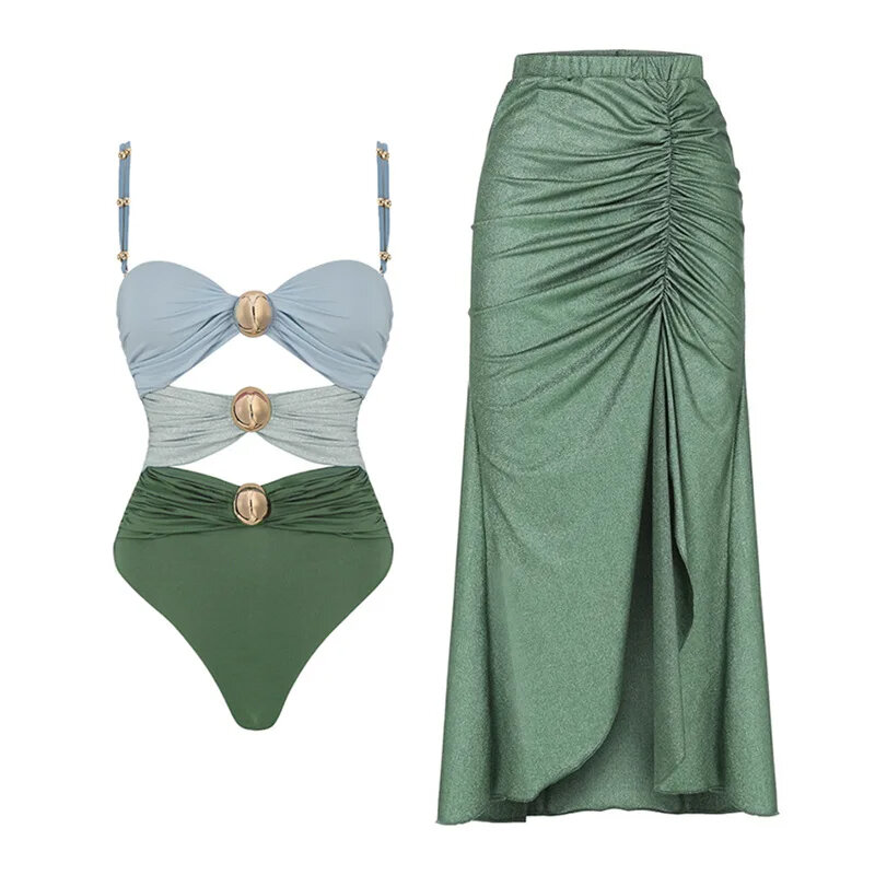 Traje de baño de una pieza para mujer, traje de baño femenino, vestido Maxi, ropa de playa, conjunto de Bikini, pareo, 2024