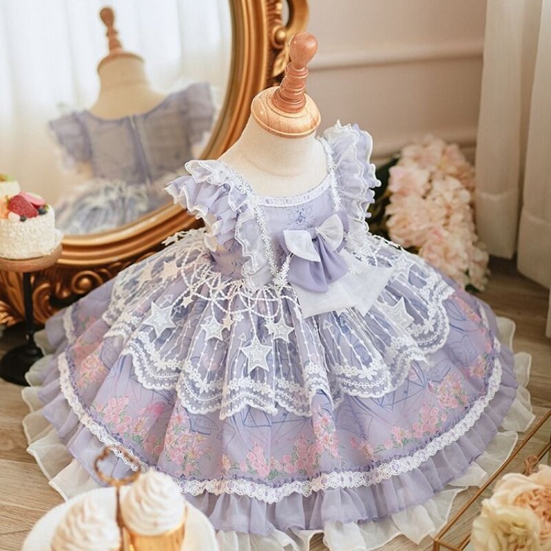Lolita Princess Party Tutu abiti per ragazze pizzo Fluffy Mesh Dress Kids Girl Birthday Ball Gown viola estate 3 4 5 6 7 10 anni