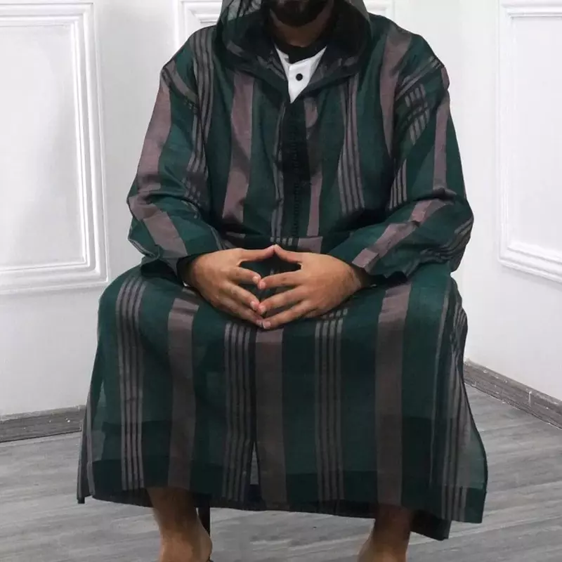 2023 Men's Islamic Arabian Patchwork Striped Hooded Zipper Muslim Robe Autumn Streetwear Casual Loose Arabian Islamic Robe