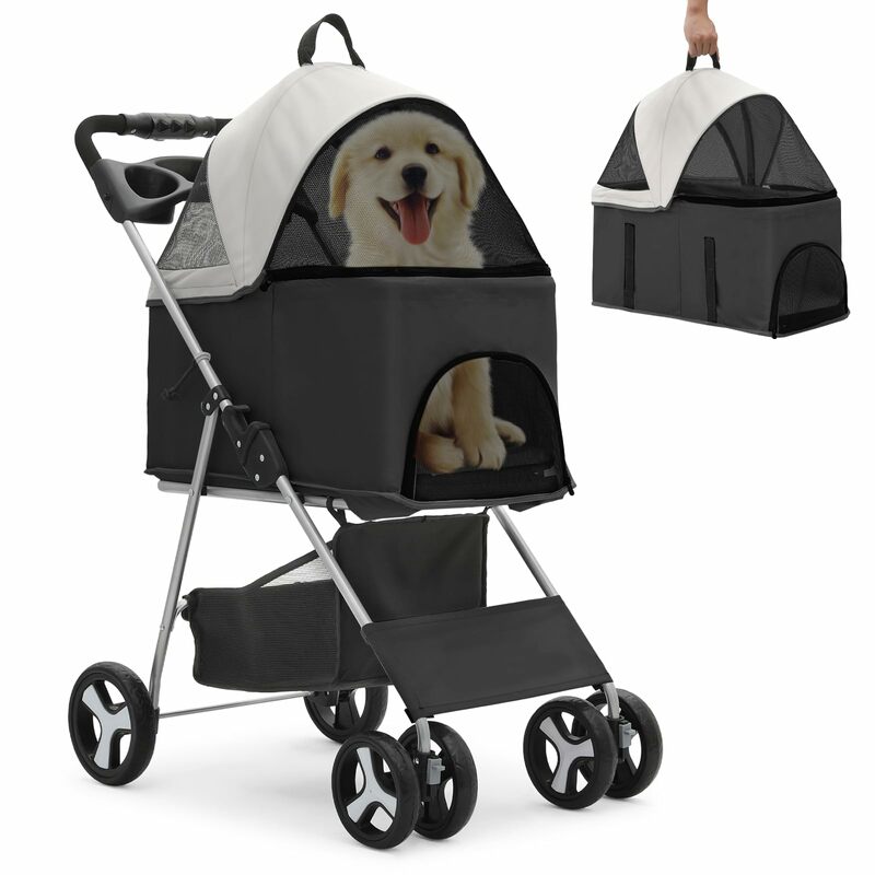 Czarny 3-w-1 składany wózek dla zwierzęcia odpinany bagażnik, fotelik samochodowy dla małych/dla zwierząt domowych średniej wielkości do 33 funtów