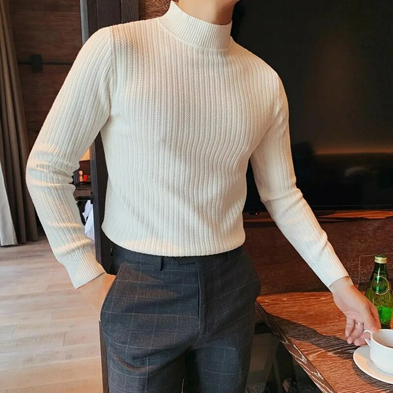 Large Size 3XL-M autunno inverno mezzo dolcevita maglione a righe uomo Pullover elastico lavorato a maglia coreano Slim solido maglione stretto top
