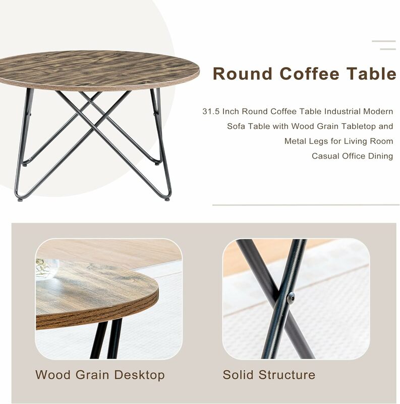 Round Coffee Table, 31.5" Small Coffee Table for Living Room Office, Modern Sofa Table Tea Table with Wood Grain Tabletop and Me