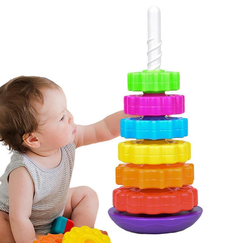 Rainbow Spinning Wheel Toy Colorful Tower Stacking Toy Montessori Educational Learning Sensory Toy For Kids Great Birthday Gift