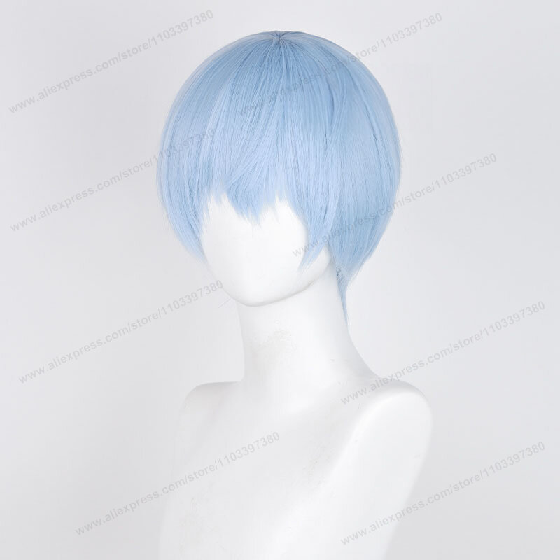 Himmel Wig Cosplay 30cm pendek biru muda rambut kulit kepala Anime tahan panas Wig sintetis + topi Wig