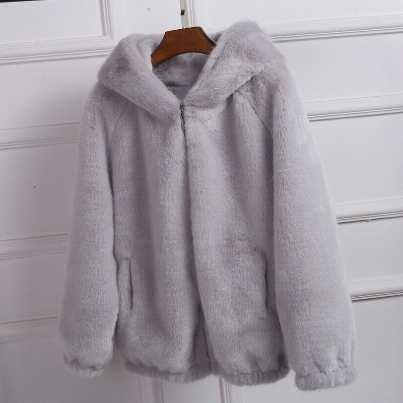 Chaqueta con capucha para mujer, abrigo de piel sintética de imitación de conejo blanco, gris y rosa, para invierno, 2022