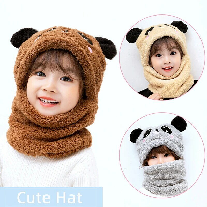 Детский шарф с мультяшным принтом, шапка с капюшоном из двух предметов, Осень-зима, шапка с милым кроликом и пандой, зимний теплый шарф с ворсом