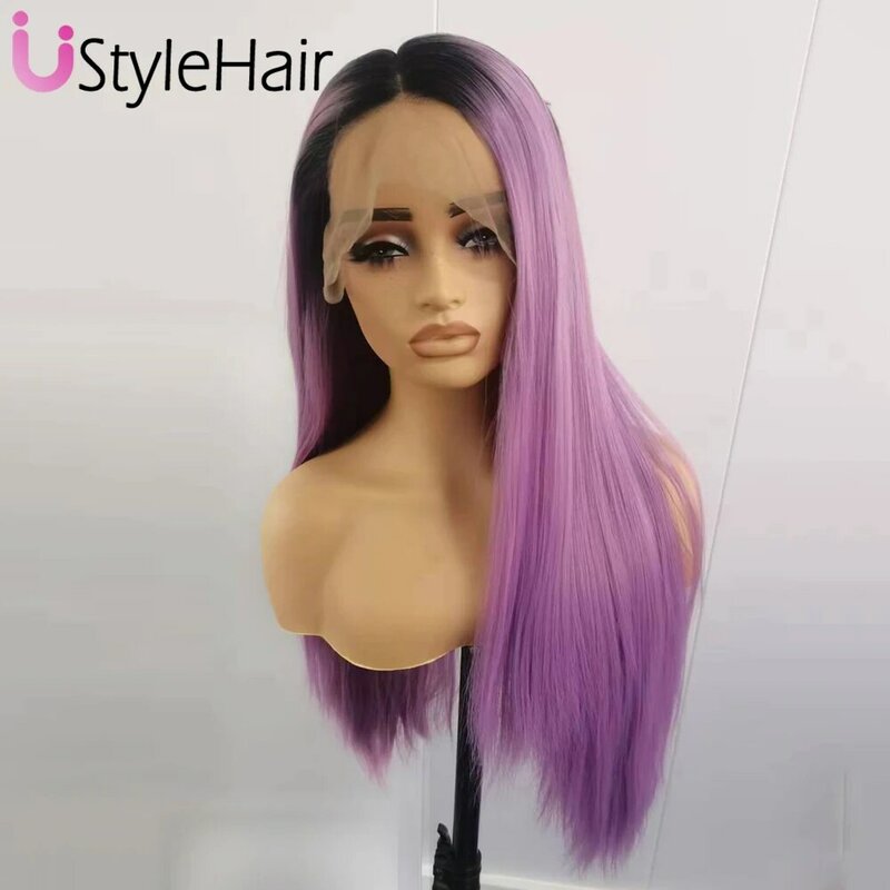 UStyleHair-peruca reta sedosa para mulheres, roxo ombre, longo, perucas dianteiras do laço, resistente ao calor, cabelo sintético, uso diário, Drak Root, 13x6