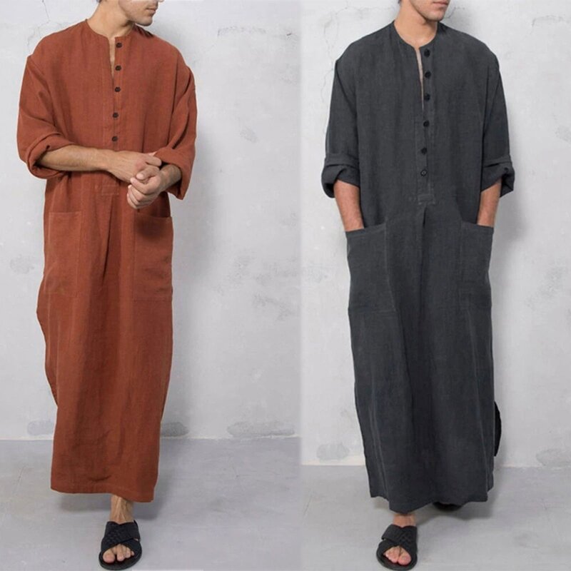 Middle East Muslim Robe Men Jubba Thobe with Pocket Muslim Kaftan for Daily Wear