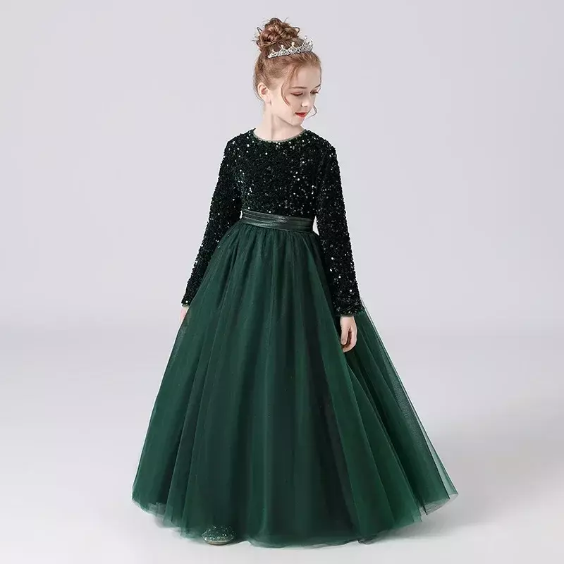 Girl's Concert Solo Dress Children's Piano Performance Dress Dark Green Middle School Host Dress
