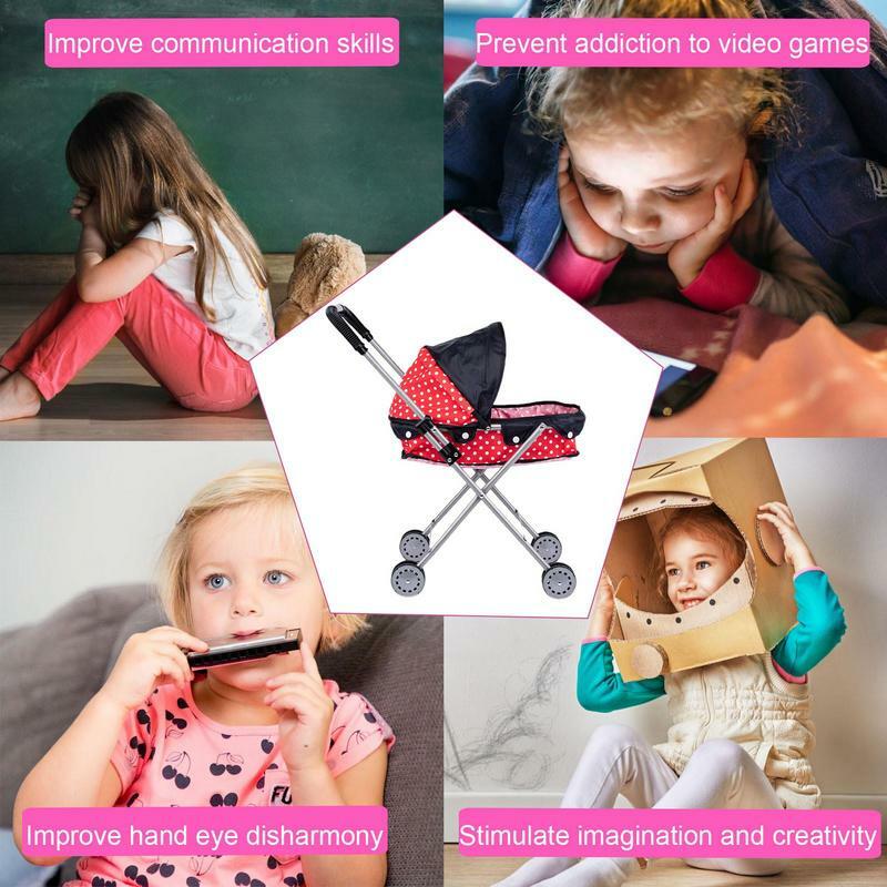 Baby Stroller For Dolls Foldable Doll Stroller Toy Realistic Detachable Toy Pram With Retractable Canopy And Soft Grip Handle