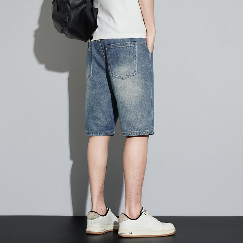 Calção jeans masculina até o joelho, jeans justo, calça jeans azul reta, casual, roupa de verão, streetwear masculina, 2024