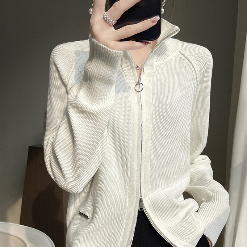 Wool Cardigan Sweater Women Turtleneck Long Sleeve Top Korean Style New in Outerwears Mujer Knit Zipper Designer Spring Clothe