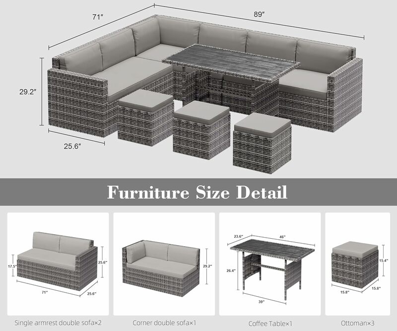 PE Rattan exterior secional sofá, Mobília do pátio conjunto com almofadas bege e mesa, 7 PCs