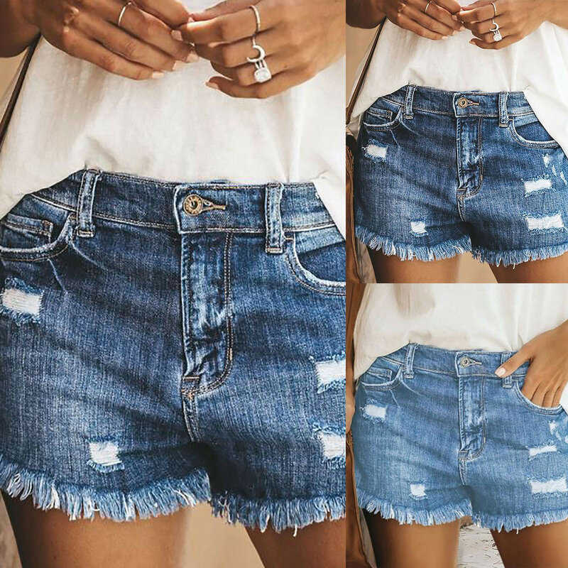 Celana pendek wanita, Jeans musim panas pinggang tinggi ramping Denim pakaian jalanan Vintage dicuci dengan saku