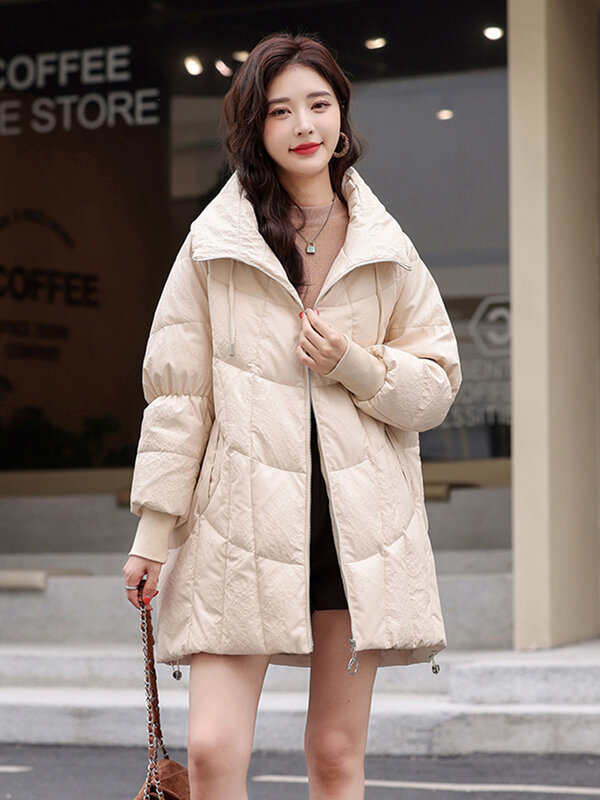 Nuove donne inverno oversize pelle giù cappotto Moda Casual Stand Collar Medium Long Loose Piumino in pelle di pecora Pelle spaccata