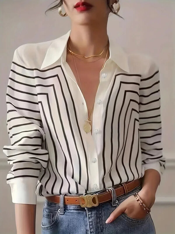 Chemise à manches longues pour femme, décontractée, personnalisée, lignes noires et blanches élégantes, impression 3D, grande taille, mince, été, nouveau, 2024