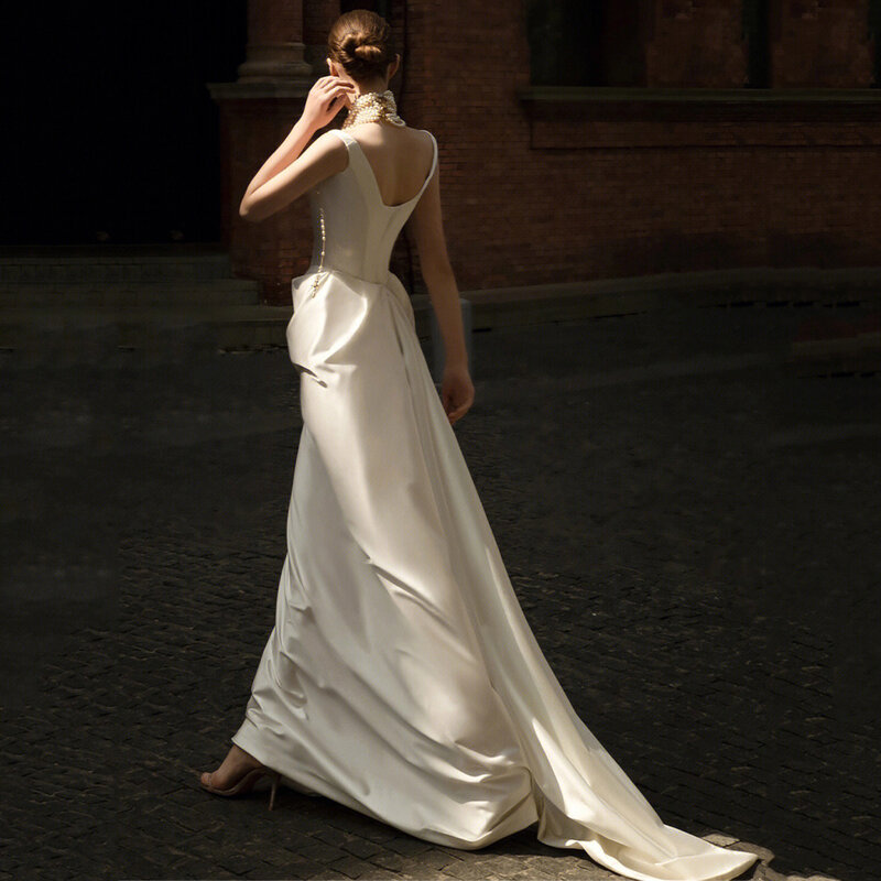 ชุดแต่งงานผ้าซาตินสีขาวสไตล์ฝรั่งเศสสำหรับผู้หญิงชุดเดรสออกงานพรอมสุดหรูสำหรับ2024ฤดูร้อน
