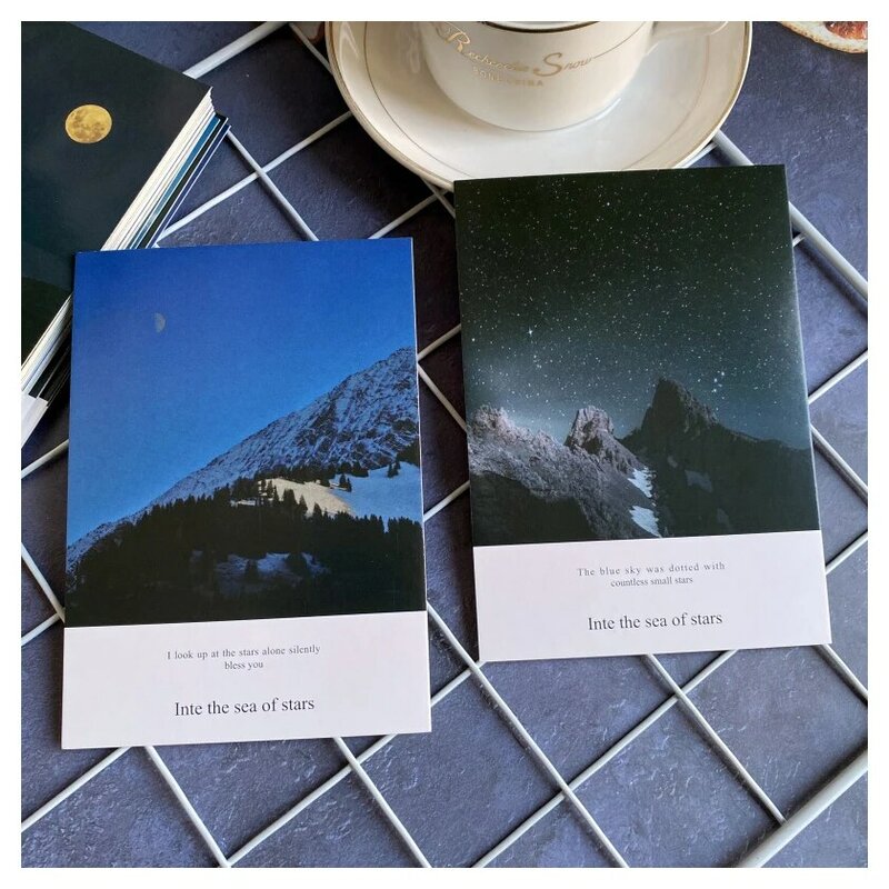 Juego de tarjetas de mensaje de felicitación, tarjetas decorativas DIY, el mar de estrellas, postal, la luna brillante y las montañas verdes, 30 hojas