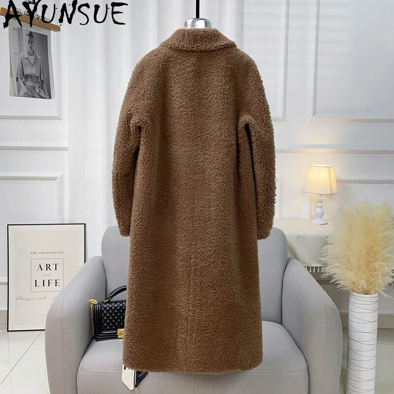 AYUNSUE-Chaqueta de lana Para mujer, abrigo largo de piel de oveja con cuello, moda de otoño e invierno, 100%